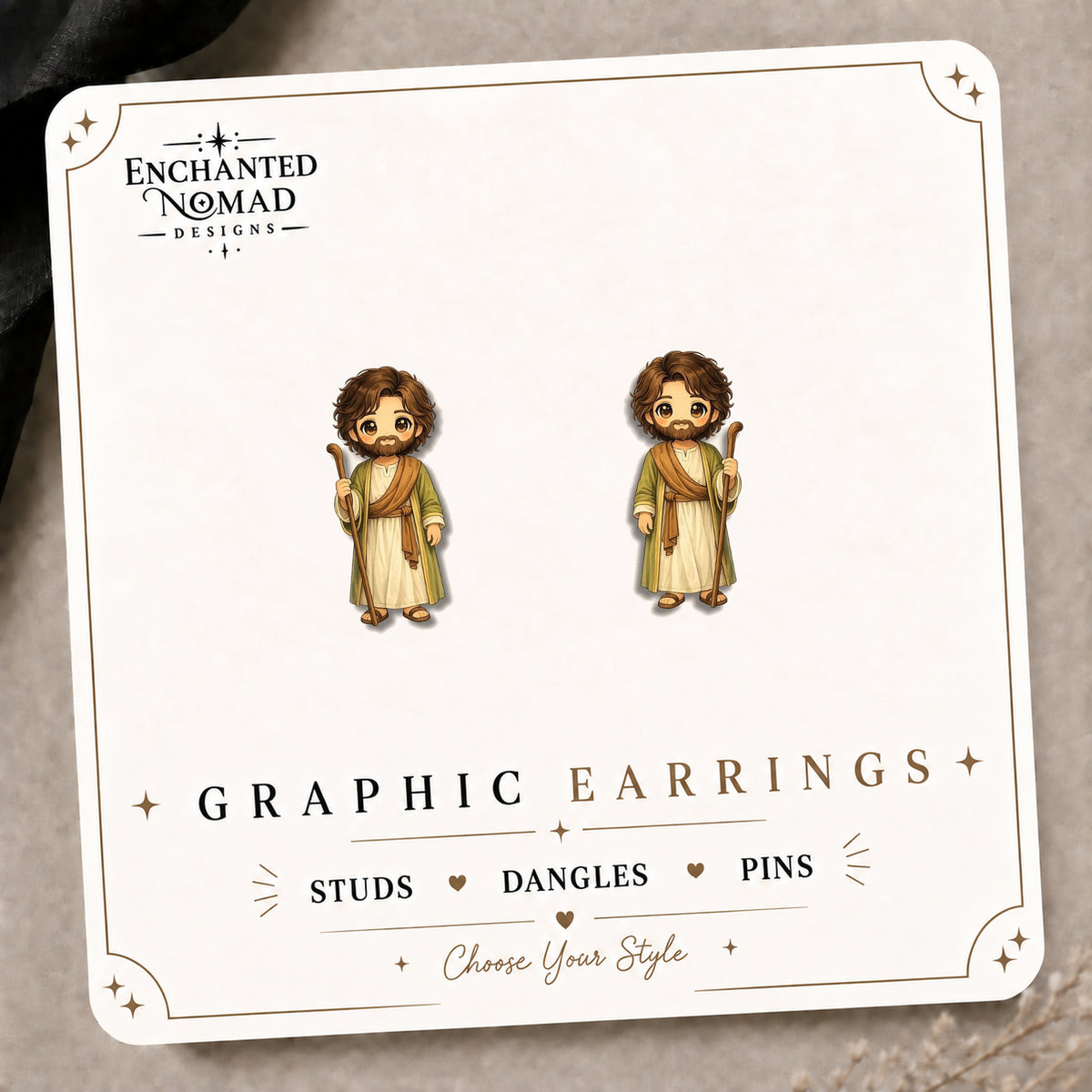St. Joseph Stud Earrings on the tilted Enchanted Nomad Designs card