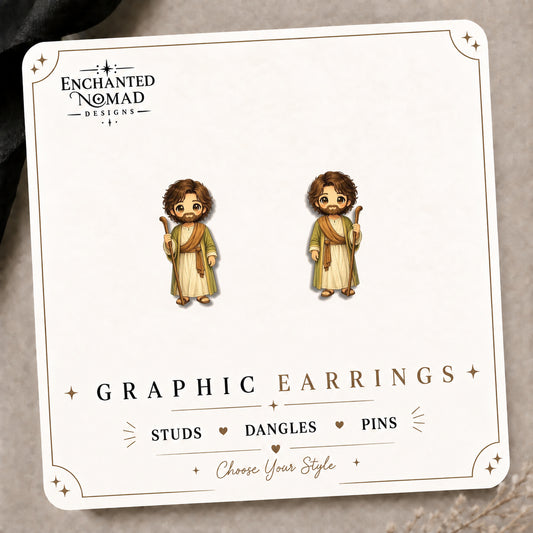 St. Joseph Stud Earrings on the tilted Enchanted Nomad Designs card