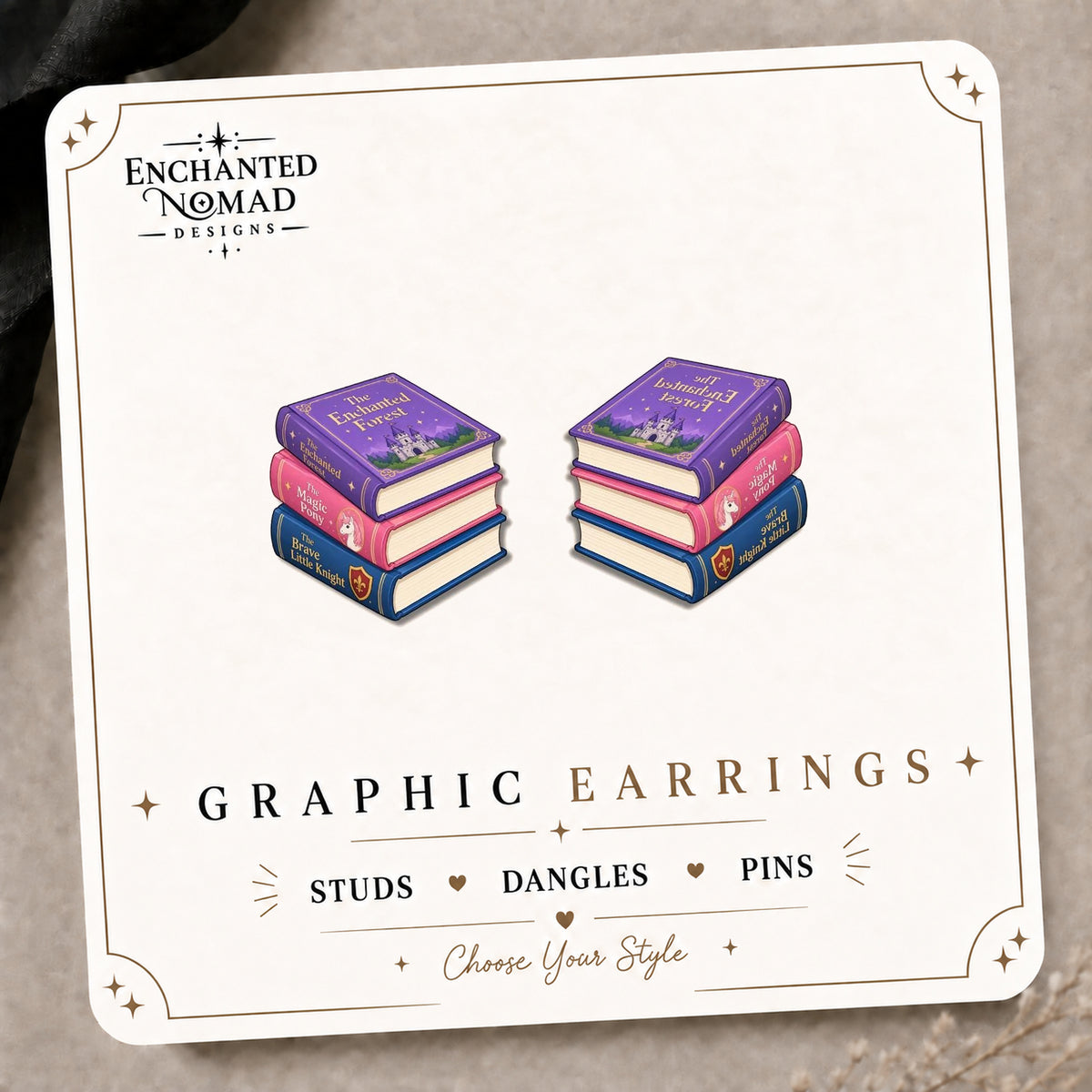 Stack of Books Stud Earrings on the tilted Enchanted Nomad Designs card