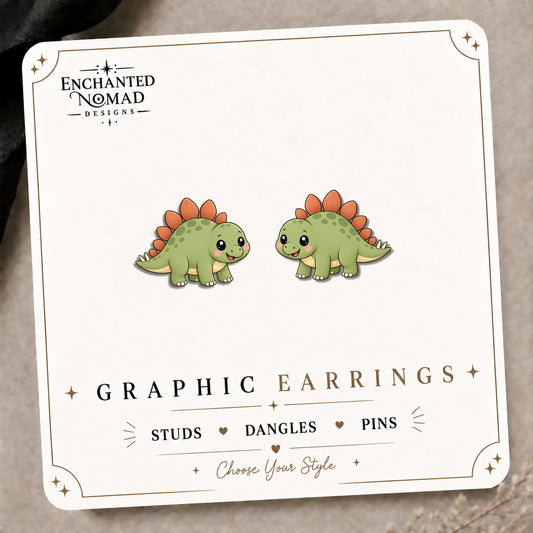 Stegosaurus Stud Earrings on the tilted Enchanted Nomad Designs card