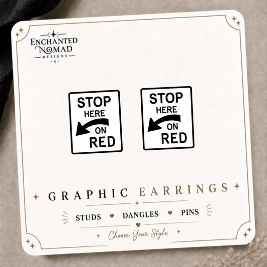 Stop Here on Red Stud Earrings on the tilted Enchanted Nomad Designs card