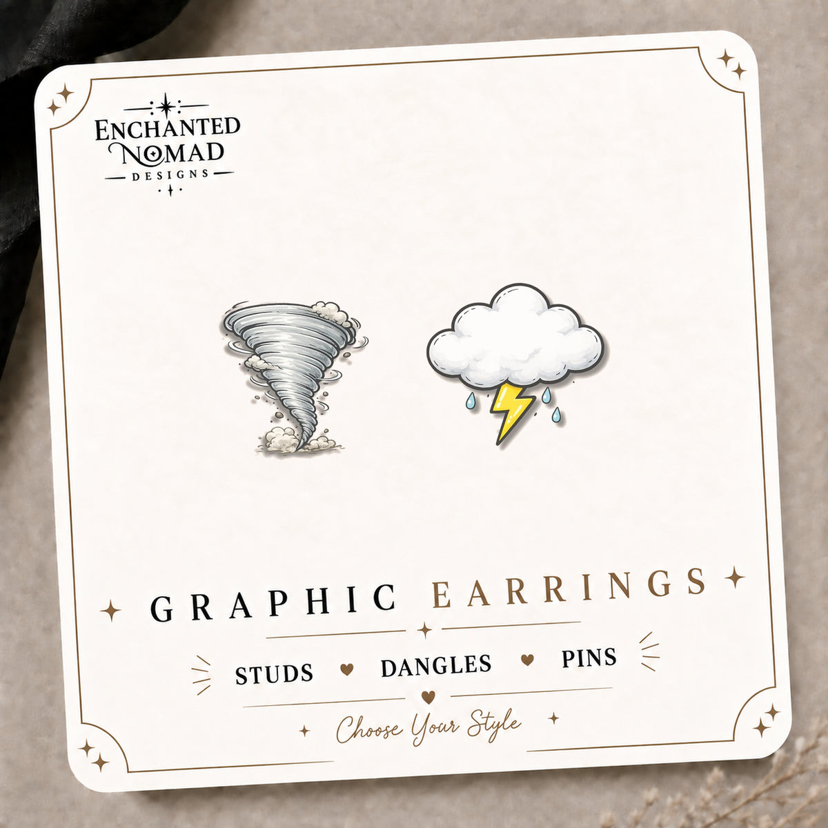 Storm Cloud & Tornado Stud Earrings on the tilted Enchanted Nomad Designs card