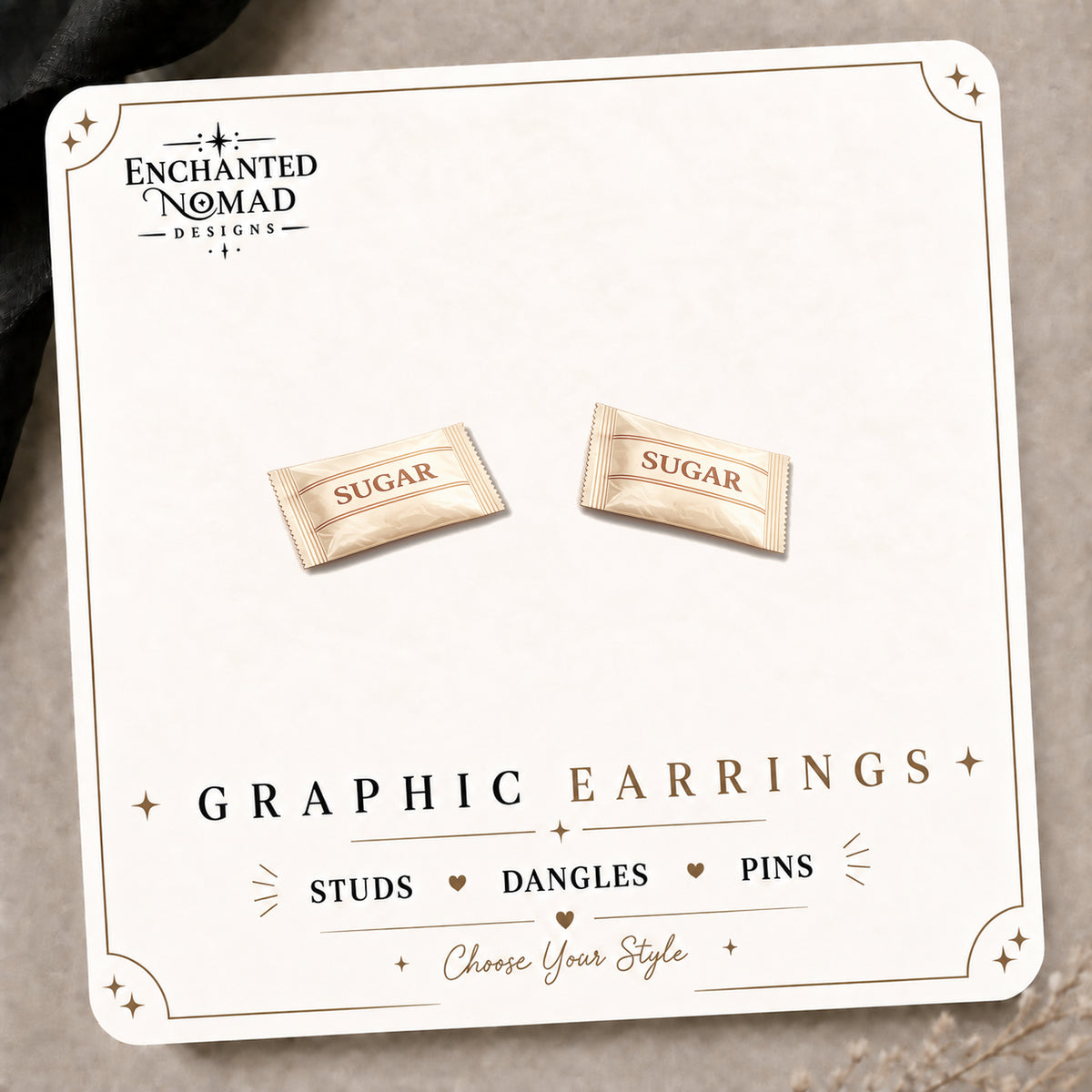 Sugar Packet Stud Earrings on the tilted Enchanted Nomad Designs card