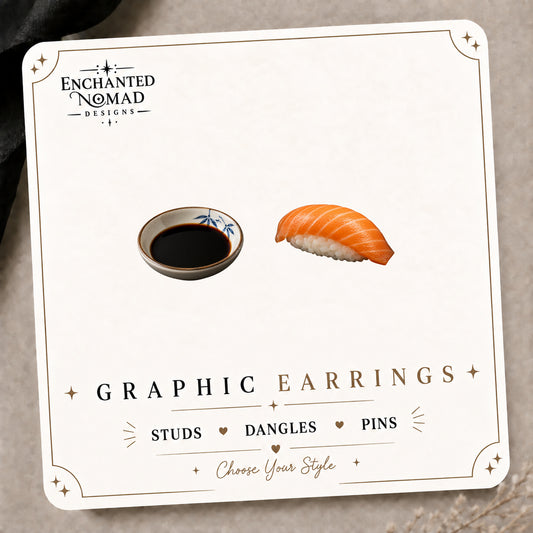Sushi & Soy Sauce Mismatched Stud Earrings on the tilted Enchanted Nomad Designs card