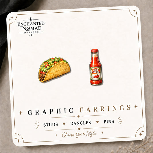 Taco & Hot Sauce Stud Earrings on the tilted Enchanted Nomad Designs card