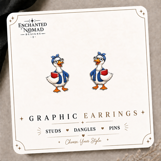 Teacher Goose Stud Earrings on the tilted Enchanted Nomad Designs card