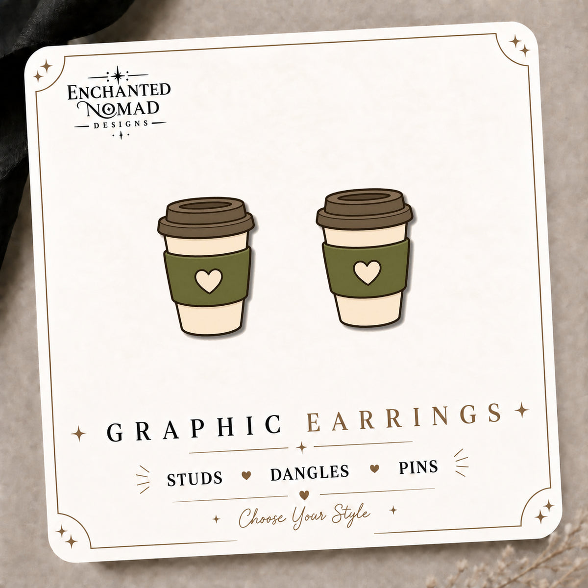 To-Go Coffee Cup Stud Earrings on the tilted Enchanted Nomad Designs card
