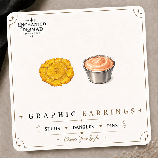 Tostone and mayo ketchup earring designs shown together on the tilted Enchanted Nomad Designs card