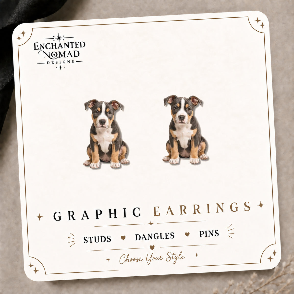 Tri Color Pit Bull Stud Earrings on the tilted Enchanted Nomad Designs card