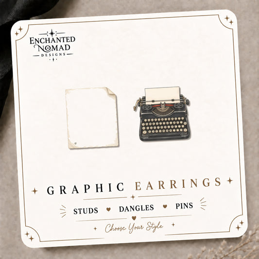 Typewriter and Letter Stud Earrings on the tilted Enchanted Nomad Designs card