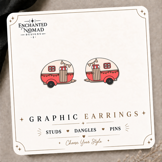 Vintage Camper Stud Earrings on the tilted Enchanted Nomad Designs card