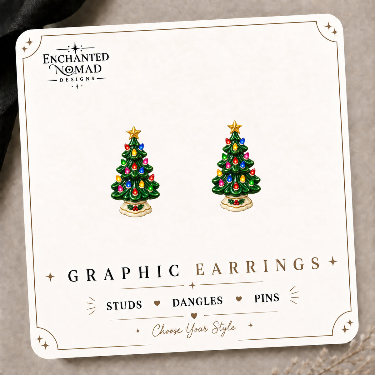 Vintage Ceramic Tree Design Earrings & Pins on the tilted Enchanted Nomad Designs card