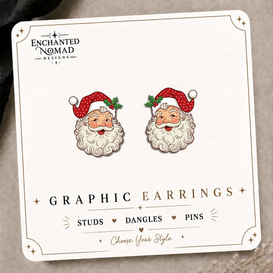 Vintage Santa Graphic Stud Earrings on the tilted Enchanted Nomad Designs card