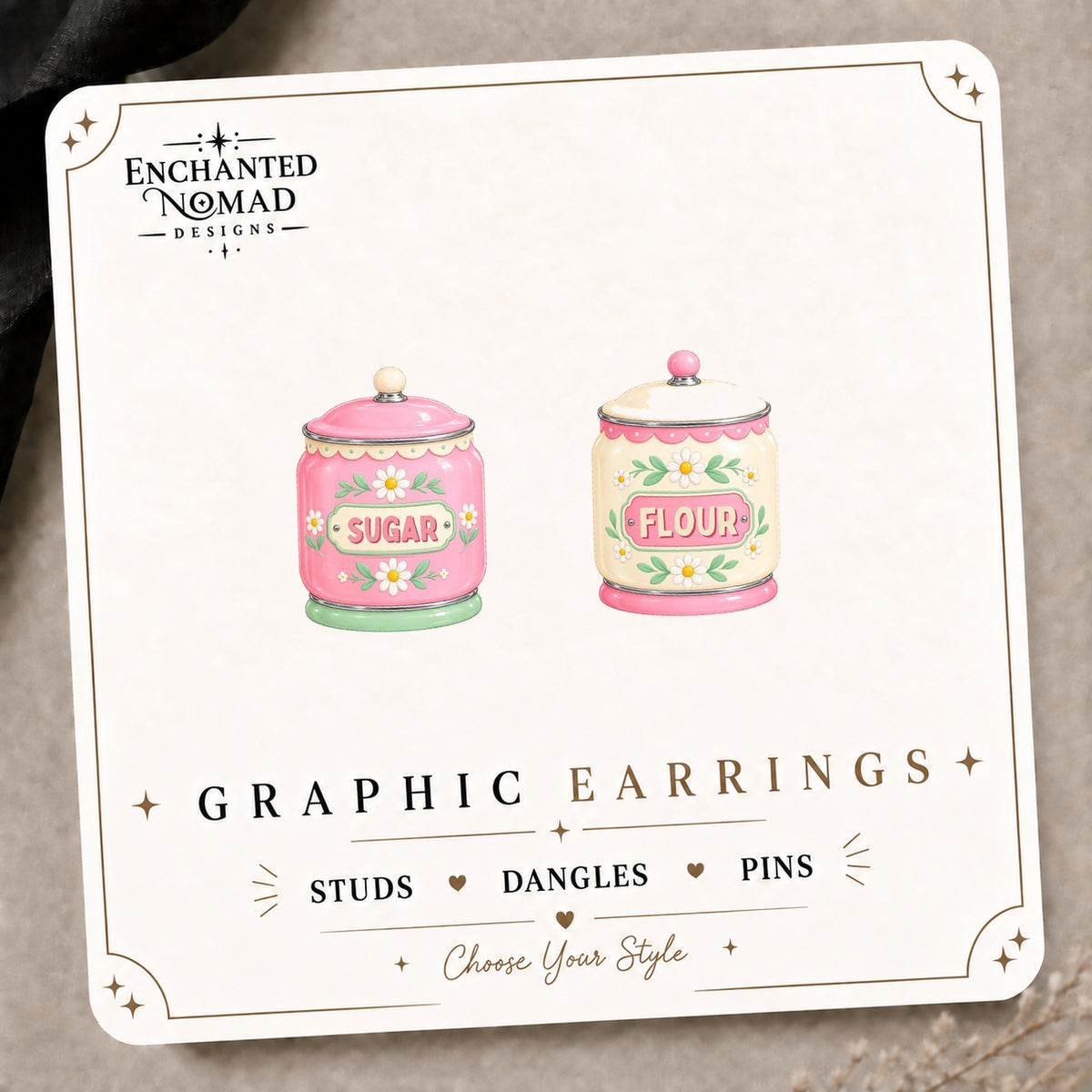 Vintage Sugar & Flour Canisters Stud Earrings on the tilted Enchanted Nomad Designs card