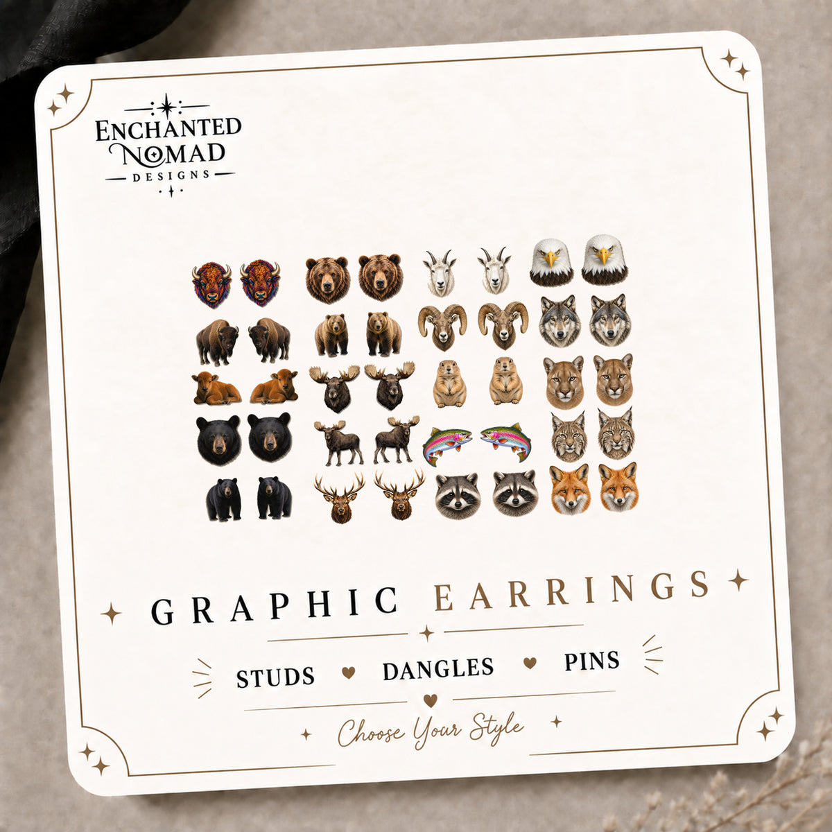 Yellowstone Inspired Stud Earrings on the tilted Enchanted Nomad Designs card